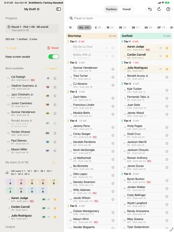 DraftMatrix: Fantasy Baseball pre-release build on iPad: the draft panel beside shortstop and outfield columns of tiered players.