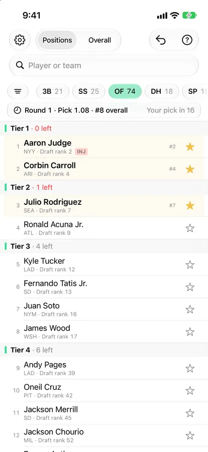 DraftMatrix: Fantasy Baseball pre-release build on iPhone: outfielders in tiers 1 to 4, with the pick clock at round 1, pick 1.08.