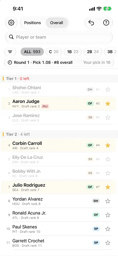 DraftMatrix: Fantasy Baseball pre-release build on iPhone: the overall board in tiers with drafted players crossed off.