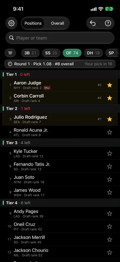 DraftMatrix: Fantasy Baseball pre-release build on iPhone in dark mode.