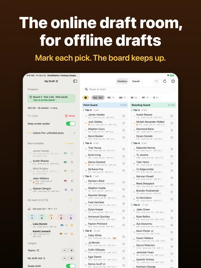 On iPad: the draft panel beside point guard and shooting guard columns of tiered players.
