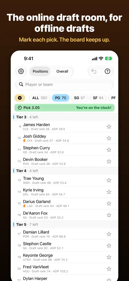 DraftMatrix: Fantasy Hoops on iPhone, captioned “The online draft room, for offline drafts”: point guards in tiers 3 to 5, with the pick clock at pick 3.05.