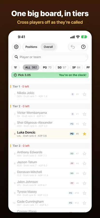 DraftMatrix: Fantasy Hoops on iPhone, captioned “One big board, in tiers”: the overall board with drafted players crossed off.
