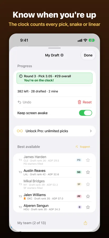 Draft panel with the clock and best available, captioned “Know when you're up”.