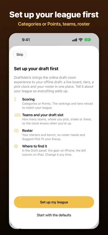 The first-launch setup guide, captioned “Set up your league first”.