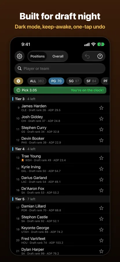 DraftMatrix: Fantasy Hoops on iPhone in dark mode, captioned “Built for draft night”.