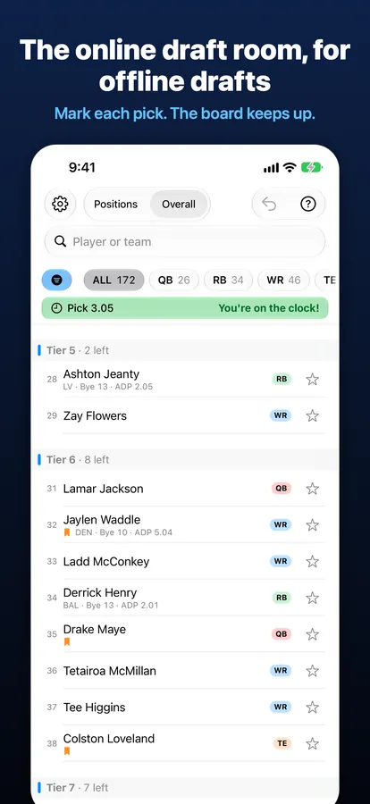 DraftMatrix: Fantasy Football on iPhone, captioned “The online draft room, for offline drafts”: the board at tiers 5 and 6, with the pick clock showing it's your pick at 3.05.
