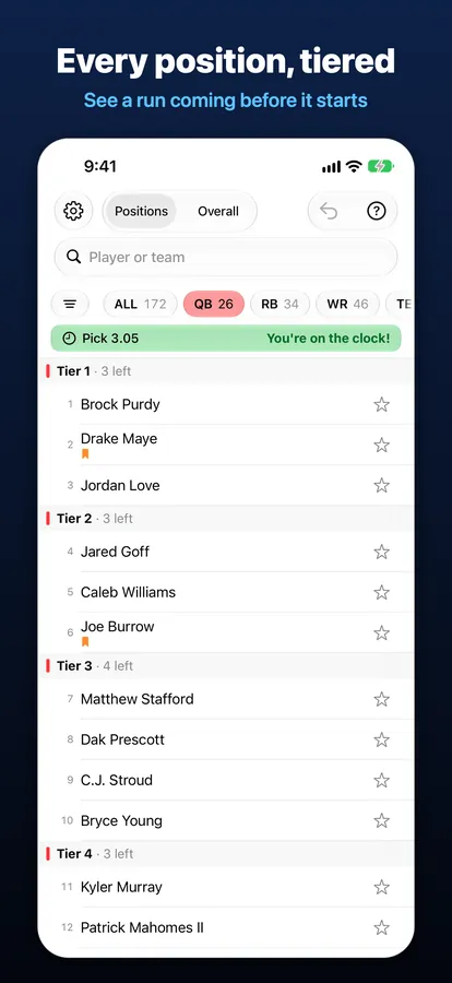 DraftMatrix: Fantasy Football on iPhone, captioned “Every position, tiered”: quarterbacks grouped into tiers 1 to 4, with the pick clock showing it's your pick.