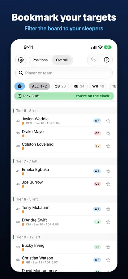 Board with bookmarked targets, captioned “Bookmark your targets”.