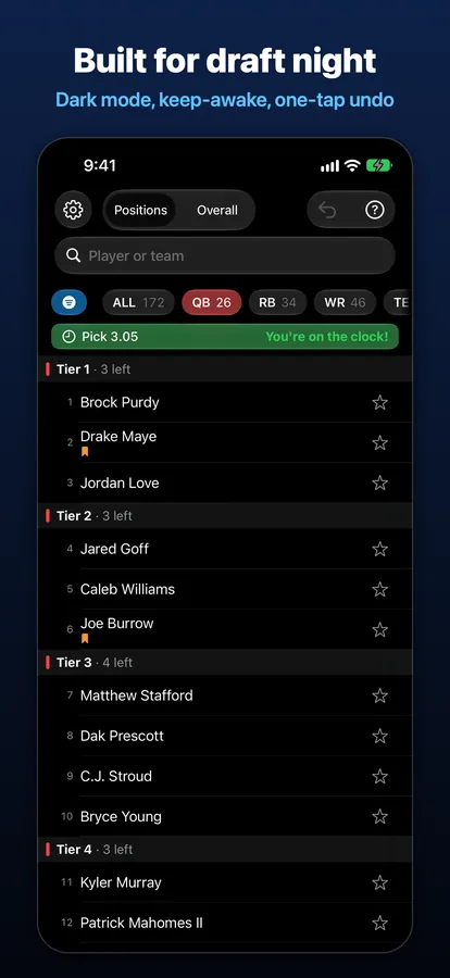 DraftMatrix: Fantasy Football on iPhone in dark mode, captioned “Built for draft night”.