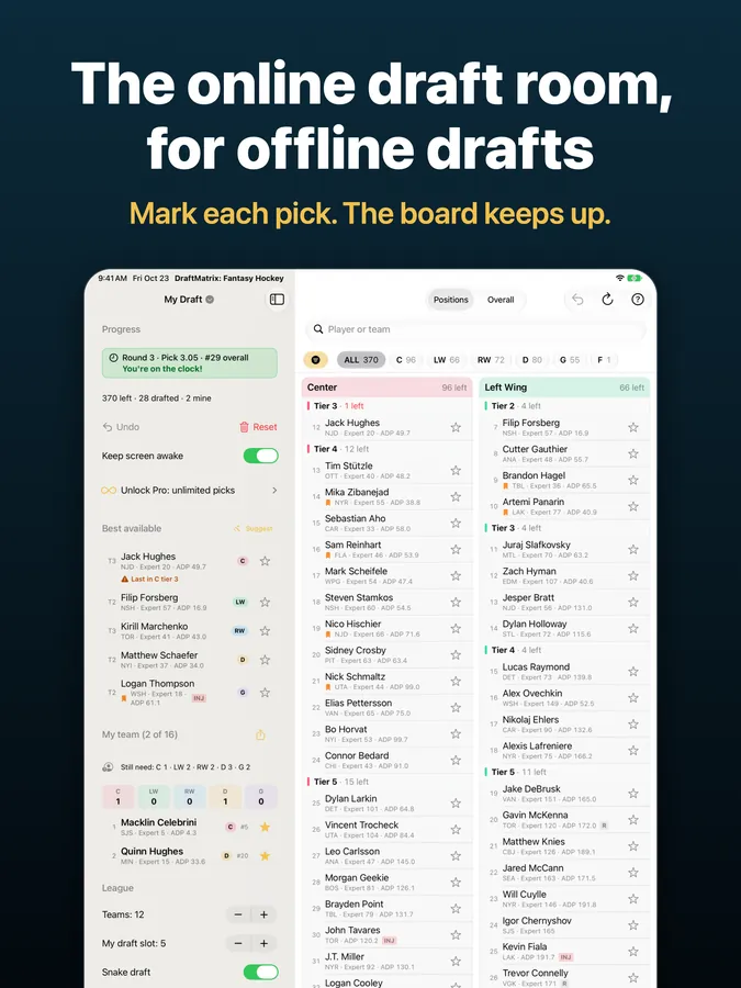 DraftMatrix: Fantasy Hockey on iPad, captioned “The online draft room, for offline drafts”: the draft panel with the pick clock, best available and your team beside position columns of tiered players.