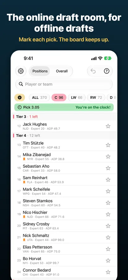 DraftMatrix: Fantasy Hockey on iPhone, captioned “The online draft room, for offline drafts”: centers in tiers 3 to 4, with the pick clock at pick 3.05.