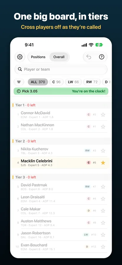 DraftMatrix: Fantasy Hockey on iPhone, captioned “One big board, in tiers”: the overall board with drafted players crossed off and your pick starred.