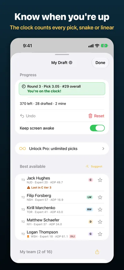 Draft panel with the clock and best available, captioned “Know when you're up”.