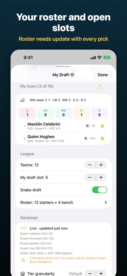 Your team and the positions still to fill, captioned “Your roster and open slots”.