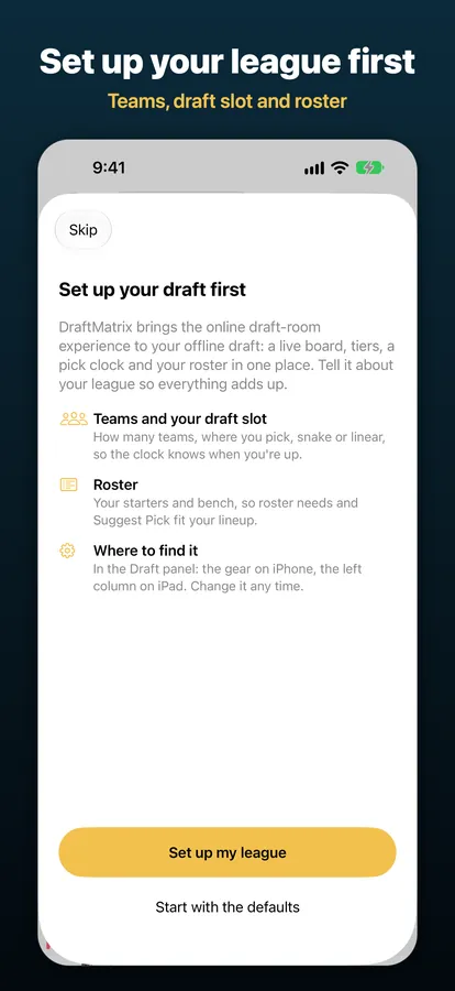 The first-launch setup guide, captioned “Set up your league first”.