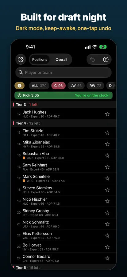 DraftMatrix: Fantasy Hockey on iPhone in dark mode, captioned “Built for draft night”.